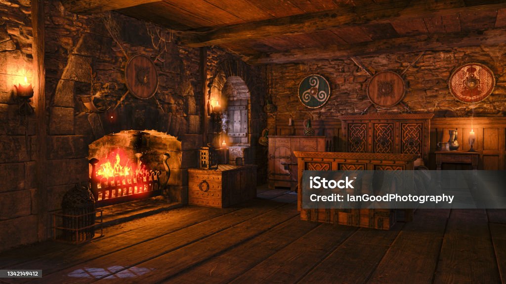 3D illustration of an old medieval bedroom with open fireplace and burning fire. 3D illustration of a bedroom with open fireplace and burning fire in an an old medieval house. Fireplace Stock Photo
