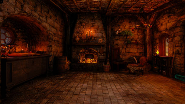 istock 3D rendering of a fantasy witch's cottage interior lit by candles with fire burning under a cauldron in a fireplace. 1342149426