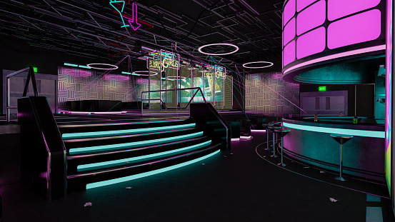 Futuristic cyberpunk night club interior with bar and neon lights. 3D illustration.