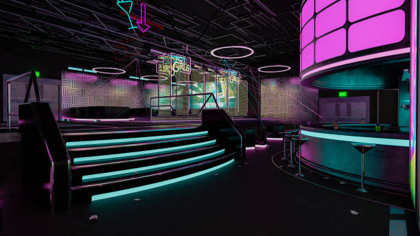 3D rendering of a futuristic cyberpunk nightclub interior and bar. stock photo
