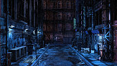 istock 3D illustration of a dark seedy futuristic urban back street alley at night in the rain. 1342149515