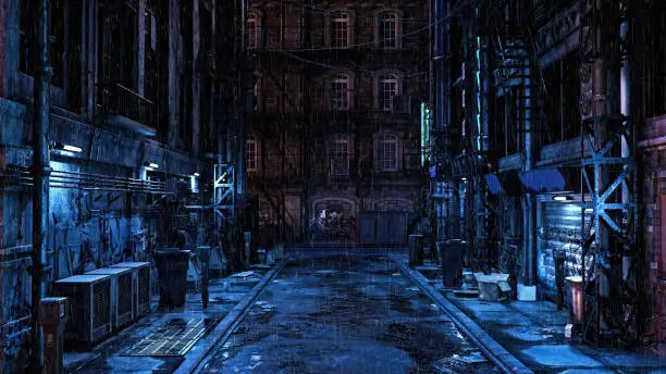 Dark seedy futuristic urban back street alley at night in the rain. Cyberpunk concept 3D illustration.