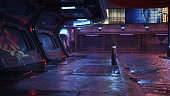 3D rendering of a dark futuristic cyberpunk city street scene at night.
