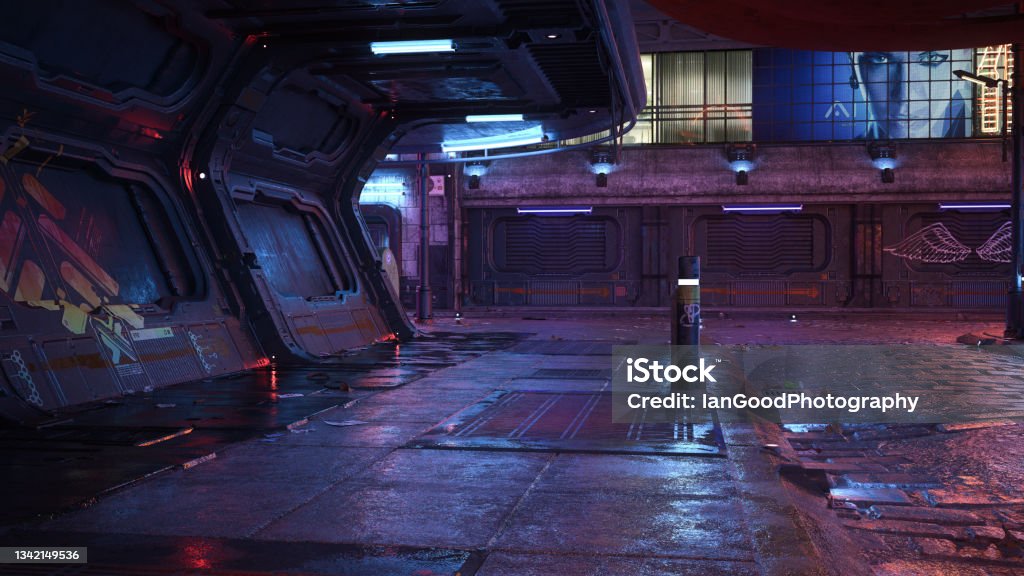 3D rendering of a dark futuristic cyberpunk city street scene at night. Dark futuristic cyberpunk city street scene at night. 3D illustration. Cyberpunk Stock Photo