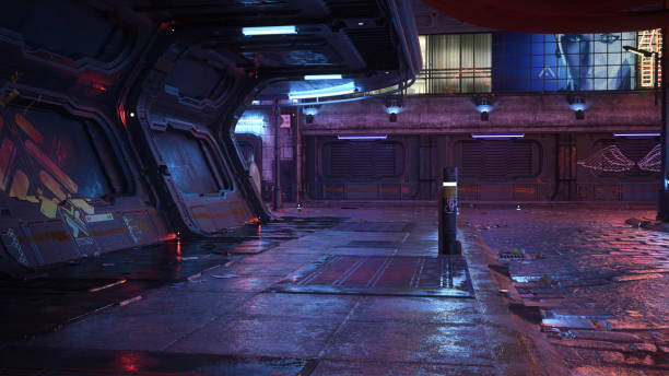 3D rendering of a dark futuristic cyberpunk city street scene at night. stock photo