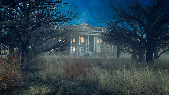 Creepy looking mansion house seen through bare trees in a field of long grass. Halloween haunted house concept 3D illustration.