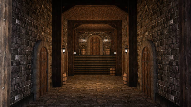 3D rendering of a medieval castle or inn corridor with stone walls, floor and steps leading to wooden door. stock photo
