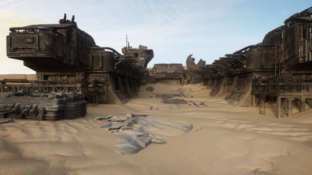renderização 3d de uma ruína abandonada de um posto avançado no deserto de um planeta alienígena remoto. - outpost - fotografias e filmes do acervo