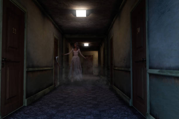 3D illustration of a ghostly woman in torn wedding dress floating in a dark haunted hotel hallway. stock photo