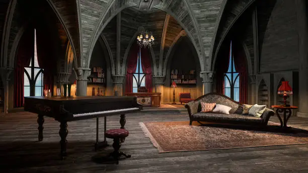 3D illustration of a gothic arched room with small grand piano and a sofa in a castle or palace interior.