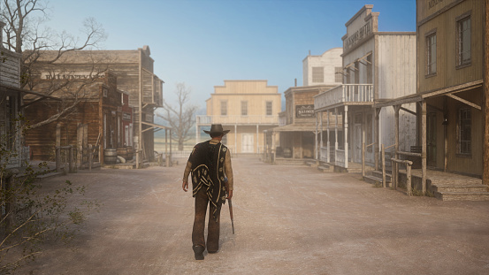 Ilustración en 3D de un hombre armado que se aleja a través de una ciudad del salvaje oeste con un rifle en la mano. photo