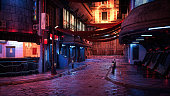 3D rendering of a cyberpunk city street at night.