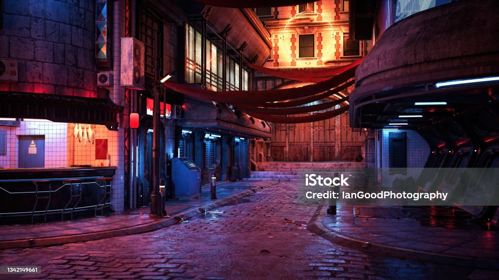 3D rendering of a cyberpunk city street at night. Cyberpunk city street at night with fast food bar and neon lights reflected on the wet road. Photo realistic 3D render. City Stock Photo