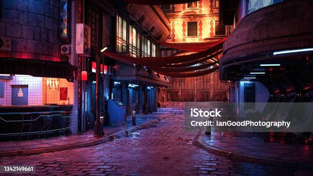 3d Rendering Of A Cyberpunk City Street At Night Stock Photo - Download Image Now - City, Street, Cyberpunk