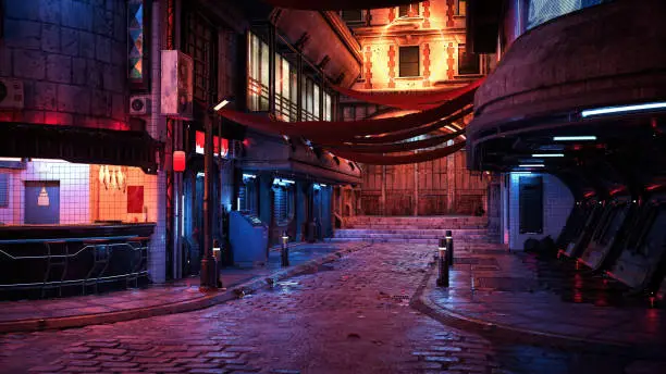 Cyberpunk city street at night with fast food bar and neon lights reflected on the wet road. Photo realistic 3D render.