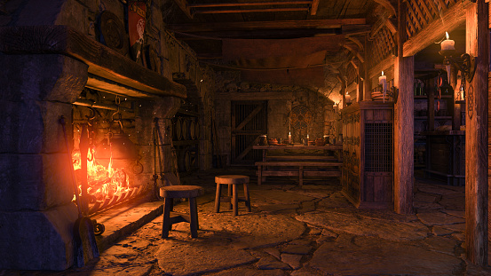 3D rendering of a medieval tavern interior lit by candlelight and burning fire.