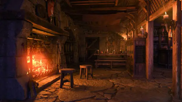 Interior of a medieval tavern lit by candle light and a fire burning in the fireplace. 3D illustration.