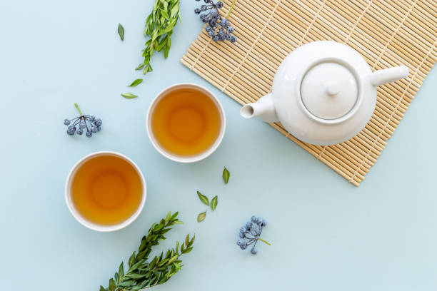 istock Asian tea set with white teapot and two cups, top view 1342149706