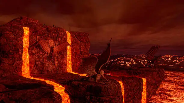 Photo of 3D illustration of a dark burning hell landscape with lava flows.