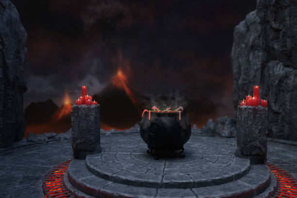 istock 3D illustration of a dark witch's lair with bubbling cauldron 1342149721