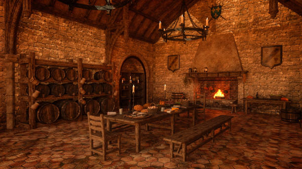 istock 3d rendering of a large old medieval castle kitchen interior. 1342150263