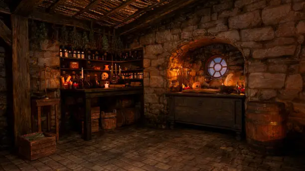 3D illustration of a fantasy witch or sorcerer's cottage interior lit by candles with magic potions and spells.