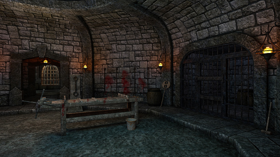 3D illustration of a medieval castle dungeon with a prison cell and torture rack table.