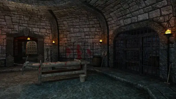 Medieval castle dungeon with a prison cell and torture rack table. 3D illustration.
