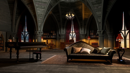 A gothic arched room with small grand piano and a sofa, lit by table lamps. Castle or palace interior 3D illustration.