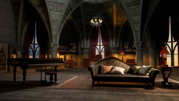 3D illustration of a castle or palace interior room in gothic style with grand piano and sofa. stock photo