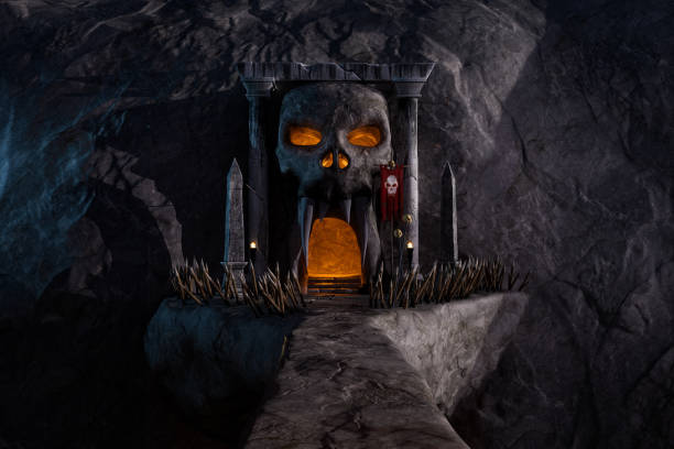 Halloween 3D rendering of a fantasy bridge to a cave in a mountain with a skull shaped entrance. stock photo