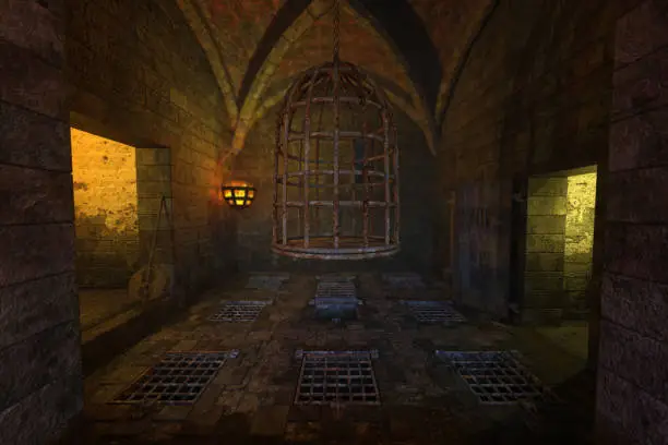 Dark underground medieval dungeon with a hanging cage. 3D illustration.