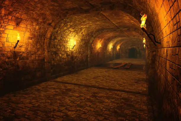 Dark medieval castle dungeon tunnel lit by fire torches on the walls. 3D illustration.