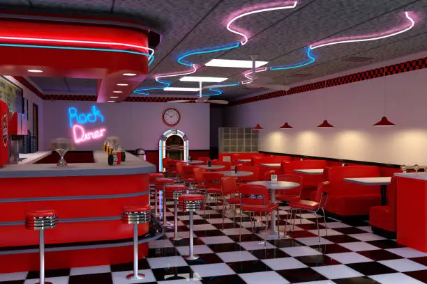 Photo of 3D rendering of a vintage 1950s style American diner with red furniture and black and white checked floor.