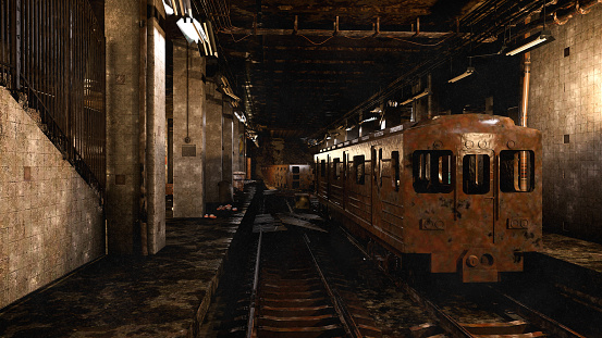 Abandoned ruin of a subway train station; Post apocalyptic disaster concept 3d illustration.