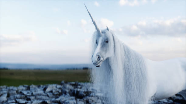 istock standing white magical unicorn in rocks.3d rendering. 1342152794