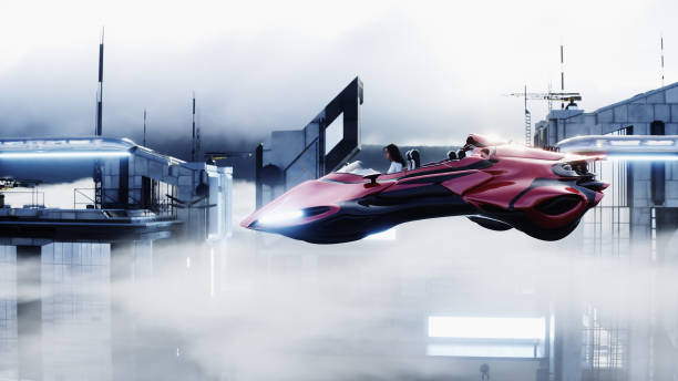 istock young girl on a flying car in the over clouds. Future concept. 3d rendering. 1342152883