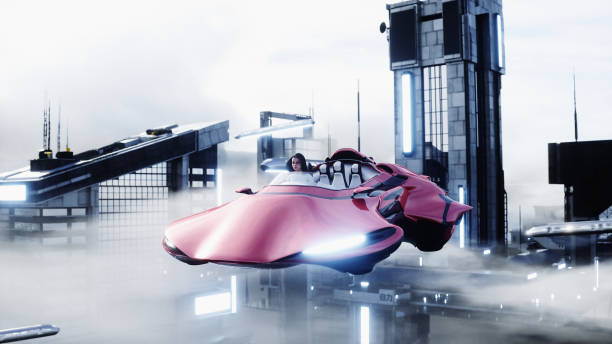 istock young girl on a flying car in the over clouds. Future concept. 3d rendering. 1342152886