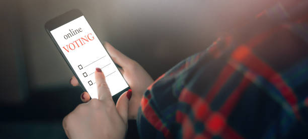 istock Woman votes online using the phone. Voting and elections concept. 1342154783