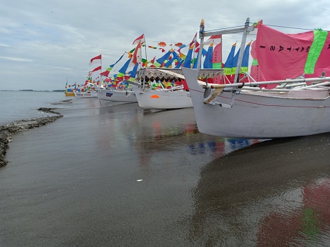 Pinrang city, South Sulawesi, Indonesia, 22 September 2021, ornamental boat festival on the beach