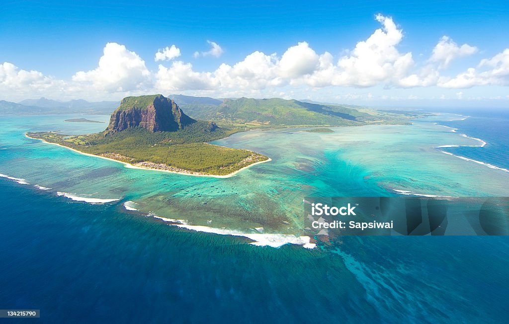 Aerial Mauritius Aerial view of Le Morne Brabant mountain which  is in the World Heritage site of the UNESCO Mauritius Stock Photo