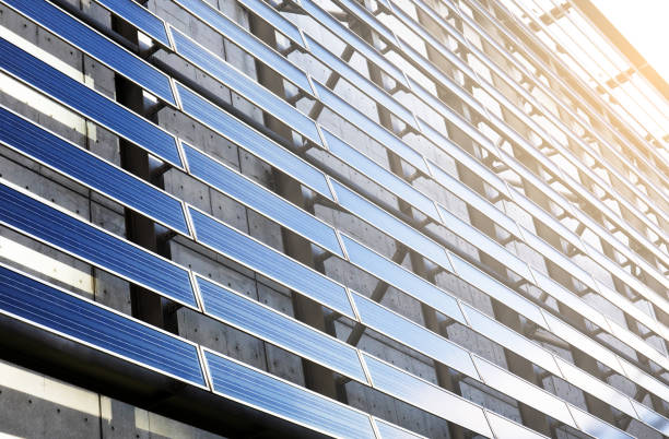 Solar Panel wall on Building Carbon emissions reduction low carbon economy photos stock pictures, royalty-free photos & images