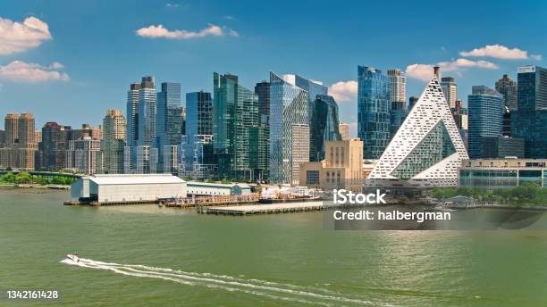 Speedboat Passing Hells Kitchen And Upper West Side Aerial Stock Photo - Download Image Now