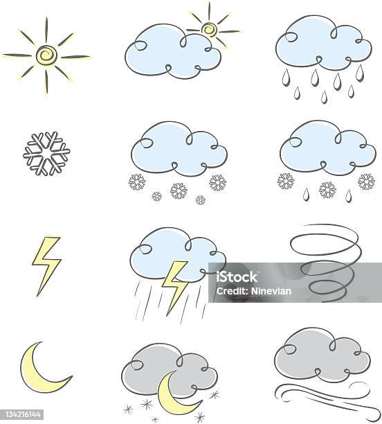 Hand Drawn Cute Weather Icons Collection Stock Illustration - Download Image Now - Abstract, Climate, Cloud - Sky