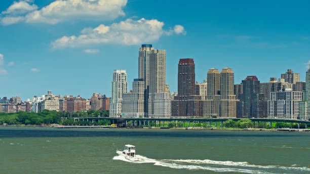 istock Boat on Hudson River - Drone Shot 1342161442