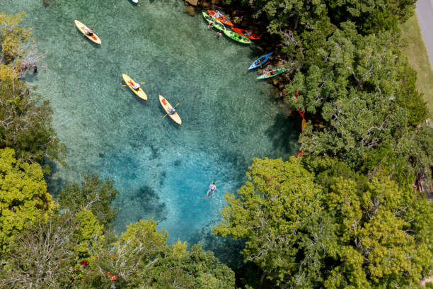 Three Sisters Springs Crystal River Florida Aerial view of the Three Sisters Springs Crystal River Florida photograph taken July 2021 three sisters springs stock pictures, royalty-free photos & images