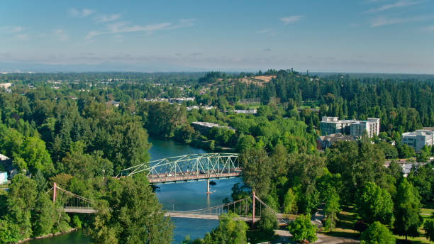 Drone Shot of Willamette River in Eugene, OR Aerial shot of the Willamette River flowing through Eugene, Oregon on a sunny day in summer. eugene oregon stock pictures, royalty-free photos & images