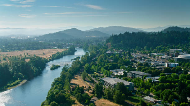 Hazy Morning in Eugene, Oregon Aerial shot of the Willamette River flowing through Eugene, Oregon on a sunny day in summer. eugene oregon stock pictures, royalty-free photos & images