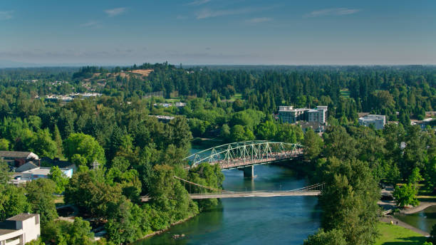 istock Aerial View Over Willamette River in Eugene, OR Towards Ferry Street Bridge 1342166878