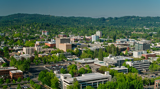 Aerial shot of Eugene, Oregon on a sunny day in summer.